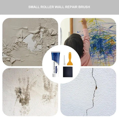 All In One Wall Repair Putty Kit For Drywall And Plasterboard Cracks And Holes No Fuss Easy Apply Paste with Scraper, image showing product with application examples for repairing walls.