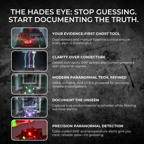 Image of the Hades Eye ghost hunting tool with dual sensors for EMF and temperature detection, USB-C powered, and precision monitoring.