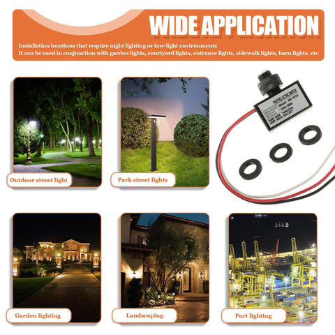 2 Pack Dusk To Dawn Photocell Light Sensor Switch application in outdoor lighting, including garden, park, and street setups.
