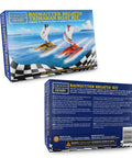 Packaging of Trimaran Race Boat Kit for Raingutter Regatta, Easy Build DIY Model for Kids and Scouts, showing two boats.