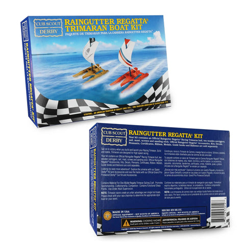 Packaging of Trimaran Race Boat Kit for Raingutter Regatta, Easy Build DIY Model for Kids and Scouts, showing two boats.