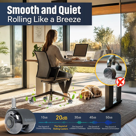 Woman using office chair with 2-Inch Desk Chair Caster Wheels Set Of 5 For Carpet And Hardwood Floors, Smooth Quiet Rollers