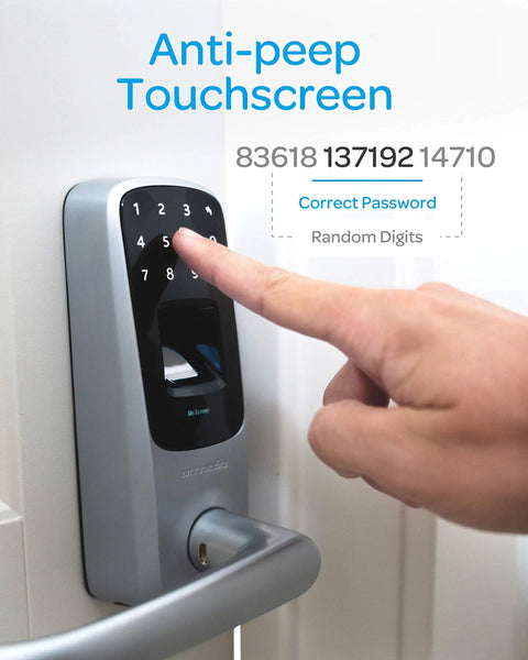5 In 1 Smart Lock With Fingerprint, Code, Knock To Open, Mechanical Key, And Smartphone App Control, Ultimate Keyless Entry Electronic Door Lever In Satin Nickel Finish, touchscreen shown during code entry.