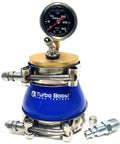 3-inch Turbo Boost Leak Tester kit with pressure gauge mounted on blue anodized base and stainless clamps