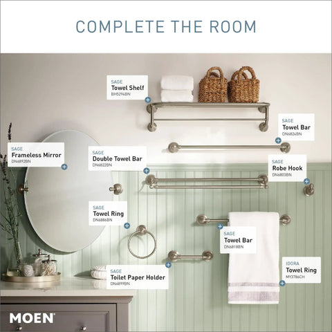 Bathroom set with 24 Inch Wall Mount Towel Bar In Brushed Nickel Finish, Simple Single Bar Design For Bath Towels, mirror, and hooks.