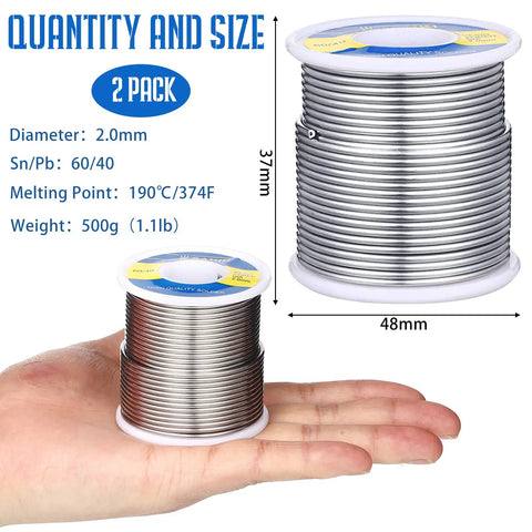 Two Pack Sn60 Pb40 Rosin Core Solder Wire For Electrical Soldering And Home DIY 2 mm Diameter 500 G Total shown on hand.