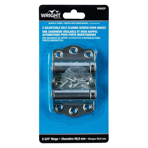 Front view of Adjustable Self-Closing Door Hinges for Storm and Screen Doors 2-3/4 Inch Zinc Plated V650ZP in packaging.