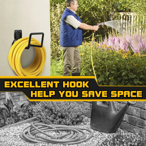 Heavy Duty Metal Wall Mounted Garden Hose Holder Reel for Outdoor Backyard Storage in use and coiled up