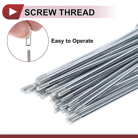 Close-up of 38 Piece 12G Bicycle Spokes Set 135mm Carbon Steel Galvanized Silver Tone with screw thread and nipple operation