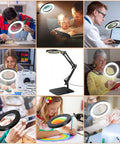 Collage showing Real Glass Magnifier With Light And 15X Magnification, used for crafts, reading, repair, featuring adjustable arm and LED illumination.
