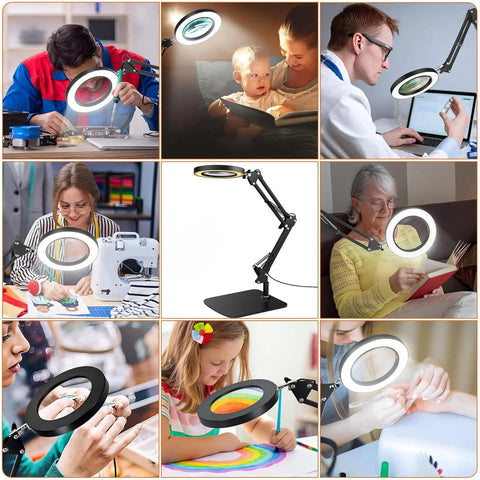 Collage showing Real Glass Magnifier With Light And 15X Magnification, used for crafts, reading, repair, featuring adjustable arm and LED illumination.