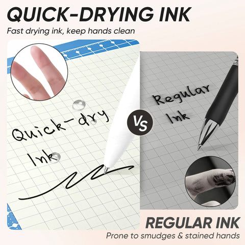 Comparison of Quick-dry gel pens vs regular ink, showing no smudge with Gel Pens Set 12 Pack 0.5mm Quick Dry Black Ink Fine Point