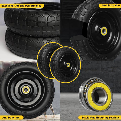 Flat Free 10 Inch Solid Rubber Wheel Set For Garden Carts And Hand Trucks, Puncture-Resistant Foam Tires In 4.10 By 3.50-4