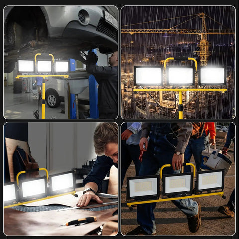 Heavy Duty Led Work Light With Beefy Telescoping Tripod, 30000 Lumens, Three Pivotable Heads, Waterproof Housing, And Badass 16 Ft Power Cable For Projects used in garages and outdoor construction.