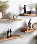 Set Of Six Premium Solid Wood Floating Wall Shelves Light Brown Oak Style Real Timber Grain Decor For Bedroom Living Room Knockout Design Hella Durable Modern Rustic Look 17 Inch Width Easy Mount Home Storage Solution with decor items.