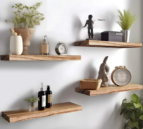 Set Of Six Premium Solid Wood Floating Wall Shelves Light Brown Oak Style Real Timber Grain Decor For Bedroom Living Room Knockout Design Hella Durable Modern Rustic Look 17 Inch Width Easy Mount Home Storage Solution with decor items.