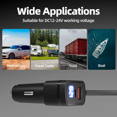 Image of Plug And Play Road Warrior 10 Foot DC Power Cable Featuring Dual 100 Watt Charging Bays and Integrated Volt Gauge for versatile use in cars and trucks.