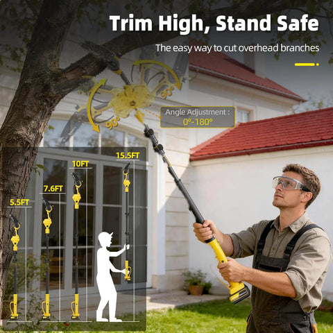 Man using Cordless Pole Saw 4-In-1 With Dual 6-Inch And 8-Inch Bars And 180 Degree Rotatable Trimmer in garden