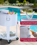 60 Quart Rolling Ice Chest Cooler Cart For Patio And Party with bottle opener and shelf near swimming pool, lid open.