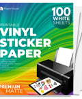 Front view of PaperVisual vinyl sticker paper pack, 100 white matte sheets, 8.5 x 11 in
