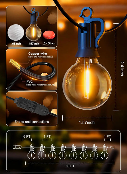 Outdoor String Lights 50ft Connectable Patio Lighting With 52 G40 LED Bulbs Warm White 2200K Black Wire, connection details