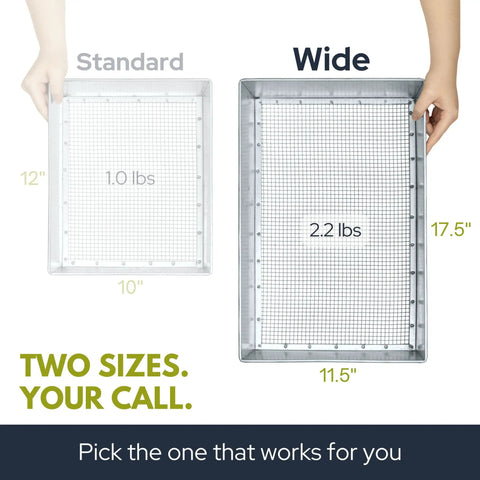 Comparison of standard and wide soil sifters showing sizes and weights. Focus on Wide Soil Sifter for Garden and Landscaping 17.5 by 11.5 Inch Mesh Sieve with 1/4 Inch Holes for Dirt Sand Rocks and Compost Heavy Duty for Big Jobs and Worm Castings.