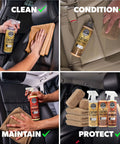 Dime Quality Nine Piece Leather Cleaner And Conditioner Kit For Car Interiors With Soft Microfiber Towel shown being used on car seats.