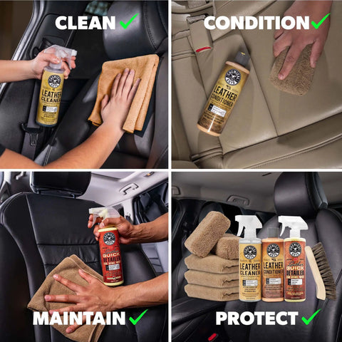Dime Quality Nine Piece Leather Cleaner And Conditioner Kit For Car Interiors With Soft Microfiber Towel shown being used on car seats.