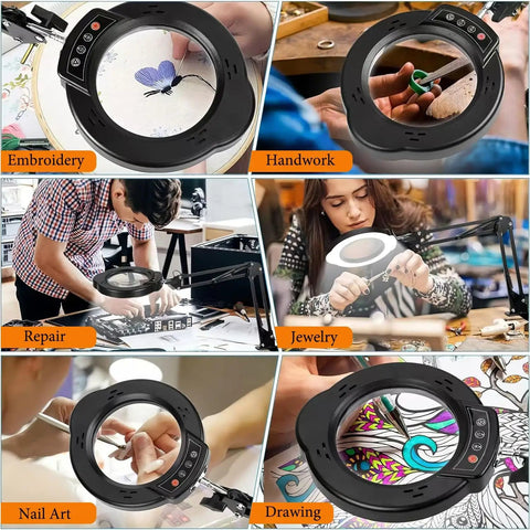 People using 15X Magnifying Desk Lamp With Clamp And Base, 5 Color Modes And 10-Level Brightness for embroidery, jewelry, and repair.