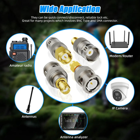 BNC To SMA Adapter Kit Gold Plated 50 Ohm Radio Antenna Adapter For SDR CCTV Ham Radio, showing multiple connectors in use.