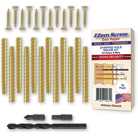 12 Pack Brass Door Hinge Repair Kit For Stripped Screws with screws, brass inserts, drill bit, and bits for door repair
