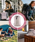 Travel Laundry Bag For Dirty Clothes With Waterproof Moisture Resistant Vacuum Compression Space Saving Organizer shown in various outdoor and indoor settings.