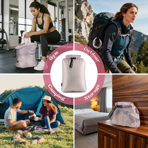 Travel Laundry Bag For Dirty Clothes With Waterproof Moisture Resistant Vacuum Compression Space Saving Organizer shown in various outdoor and indoor settings.