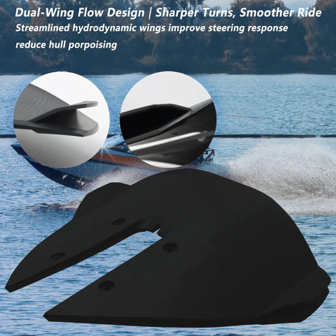 Hydrofoil Stabilizer for Boats Dual Wing Design Fits 40 To 300HP Outboard Motors showing dual-wing flow design on water.