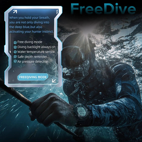 Scuba Diving Computer Watch With 100M Water Resistance LED Backlight And Easy Read Display For Night Dives Built For Swimmers Divers Sailors And Adventurers With Built In Compass Altimeter Barometer Stopwatch Alarm For Surfing Hiking in use by a diver underwater, showcasing free diving mode features.