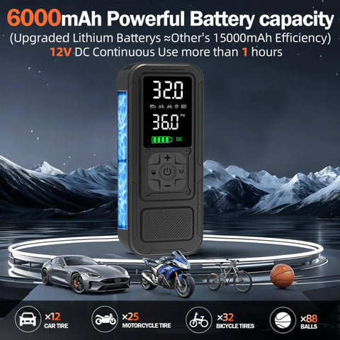 Y34 Portable Tire Inflator Air Compressor With Digital Pressure Gauge 150 PSI Cordless 6000mAh shown with cars and bikes