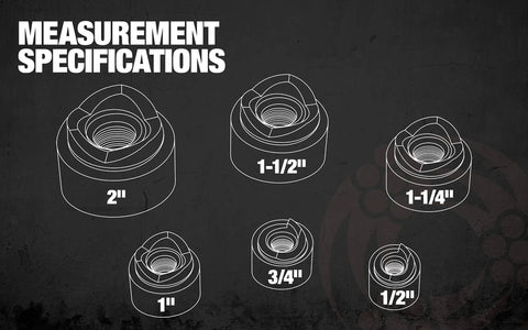 Measurement specifications for knockout punch driver kit holes from 1/2 inch to 2 inch for knockout punch driver kit for precise hole cuts.