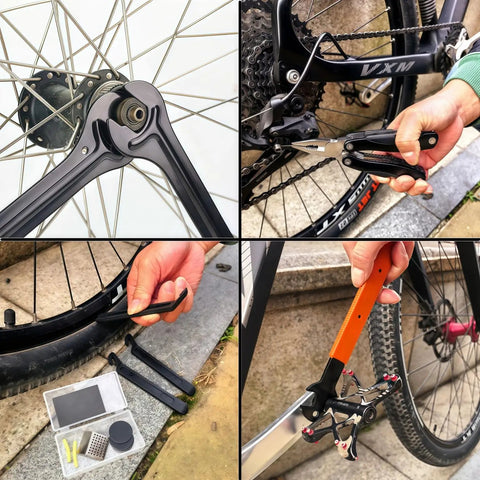 All In One Pro Grade Bike Repair Tool Kit with hard case for mountain and road bikes, showing tire bead breaker and chain tool usage