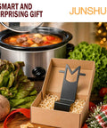 Premium Stainless Steel Slow Cooker Lid Holder And Crock Pot Stand Rack in a gift box next to a crock pot with stew.