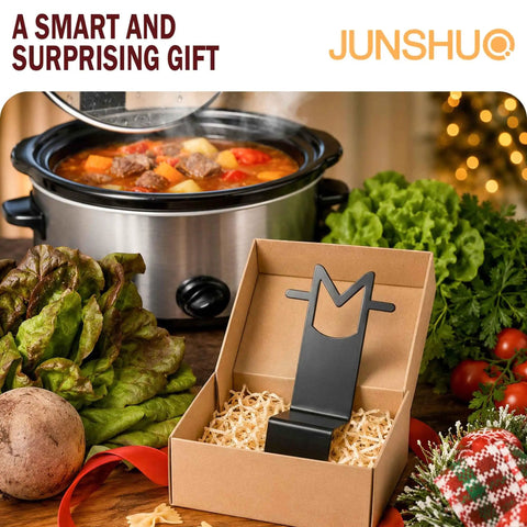 Premium Stainless Steel Slow Cooker Lid Holder And Crock Pot Stand Rack in a gift box next to a crock pot with stew.