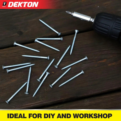 Forty Piece 4 Point 0 By 75mm Twin Thread Pozi Countersunk Wood Screws With Bright Zinc Plated Finish scattered on wood surface