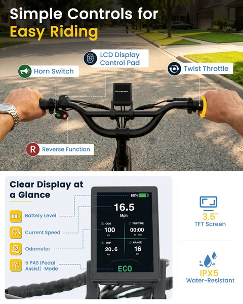 500W Electric Tricycle For Adults With 20 Inch Fat Tire Folding Trike handlebars with LCD display, horn switch and twist throttle