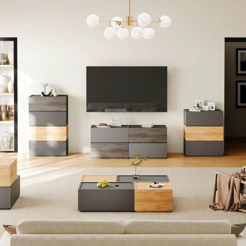 Living room with modular stackable nightstands, drawers, dope oak finish, space-saving design