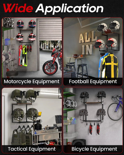 Solid Wood And Reinforced Metal Motorcycle Helmet Rack Wall Mount Heavy Duty Bike Helmet Holder Bracket Built Legit To Keep Your Full Face Lids Sit Square Clean Garage Storage Display Organizer Set Of Four in garage setting.