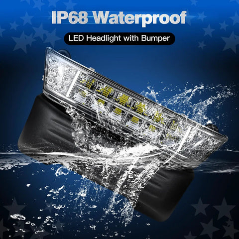 Led Headlights With Heavy Duty Bumper Kit For Club Car Precedent 2004 Up Golf Cart Delivers Legit Crisp 12 Volt Illumination And A Total Ride Transformation - Waterproof design with LED headlight on a black bumper in water.