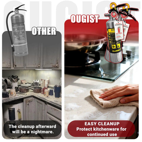 Comparison of two kitchen fire extinguishers, highlighting easy cleanup with the OUGIST Class K Kitchen Fire Extinguisher, 40 Fl Oz