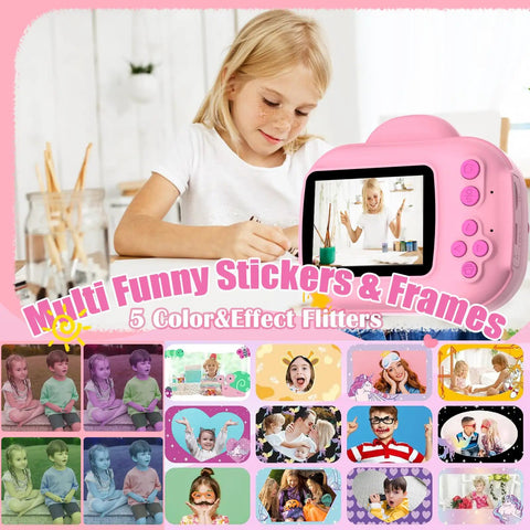 Instant Print Kids Camera For Girls And Grandkids With 1080P HD Video Easy To Use Toy Camera Thermal Printer Includes SD Card Pink Color Perfect Gift For Ages Four Through Ten pink camera with screen and printed photo frames