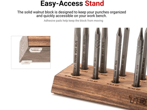 Do It All Punch Set With Walnut Block For Metal And Woodworking, 18 Piece Kit with punches displayed on wooden block