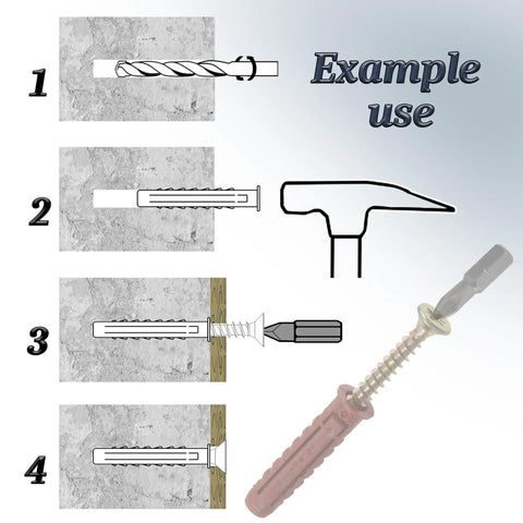 Installation steps for 25 Dowel Fixing Kit With Nylon Collars Diameter 8x40 mm, 25 Yellow Wood Screws Diameter 5x40 mm and PZ2 Bit.