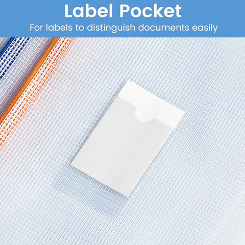Close-up of label pocket on Mesh Zipper Pouch Bags 20 Pack With Label Pockets Waterproof A4 Letter Size Document Organizers